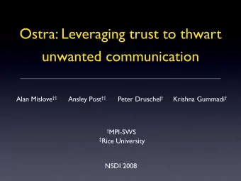 Ostra: Leveraging trust to thwart  unwanted communication Alan Mislove  Ansley Post