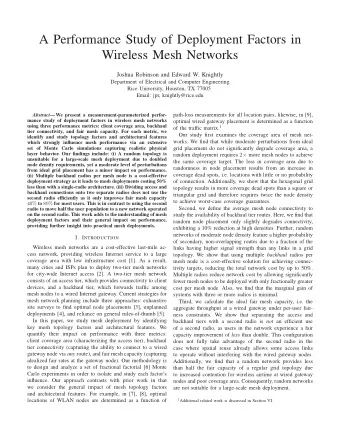 A Performance Study of Deployment Factors in  Wireless Mesh Networks  Joshua Robinson and Edward W.