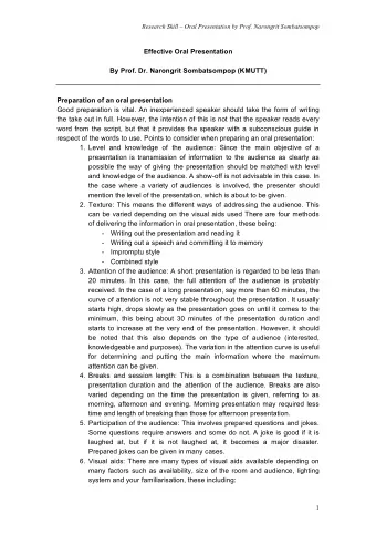 Effective Oral Presentation  By Prof. Dr. Narongrit Sombatsompop (KMUTT)  Preparation of an oral