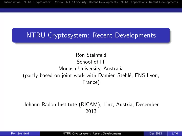 ntru cryptosystem recent developments