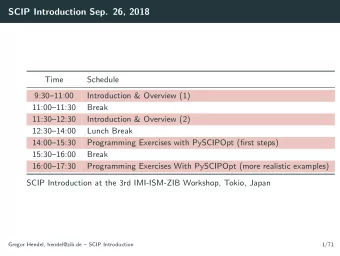 SCIP Introduction Sep. 26, 2018  Time  Schedule  9:3011:00  Introduction &amp; Overview (1)