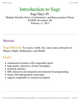 Introduction to Sage  Sage Days 45:  Multiple Dirichlet Series, Combinatorics, and Representation
