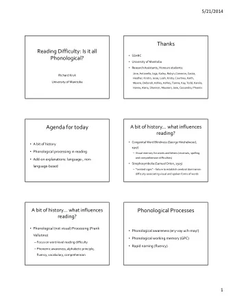 Thanks Reading Difficulty: Is it all  SSHRC Phonological?  University of Manitoba