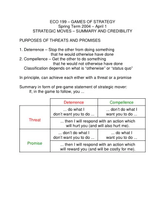 ECO 199  GAMES OF STRATEGY  Spring Term 2004  April 1  STRATEGIC MOVES  SUMMARY AND
