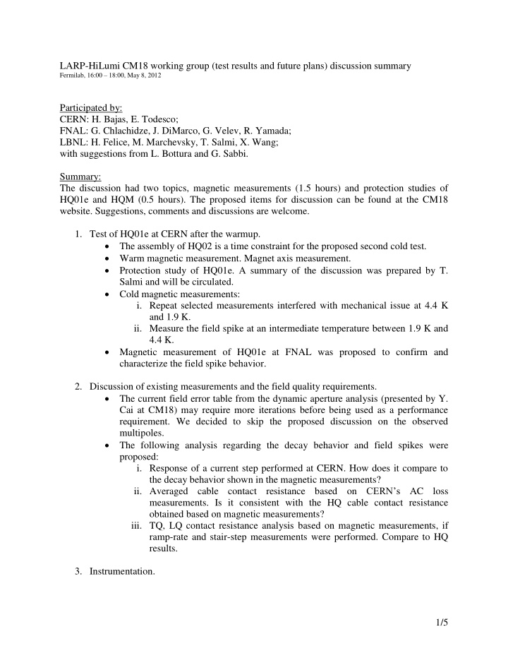 larp hilumi cm18 working group test results and future