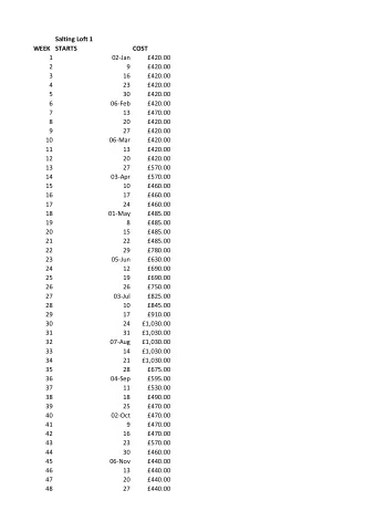 Salting Loft 1  WEEK STARTS  COST  1  02-Jan  420.00  2  9  420.00  3  16  420.00  4  23