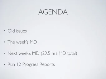AGENDA  Old issues  The weeks MD  Next weeks MD (29.5 hrs MD total)  Run 12