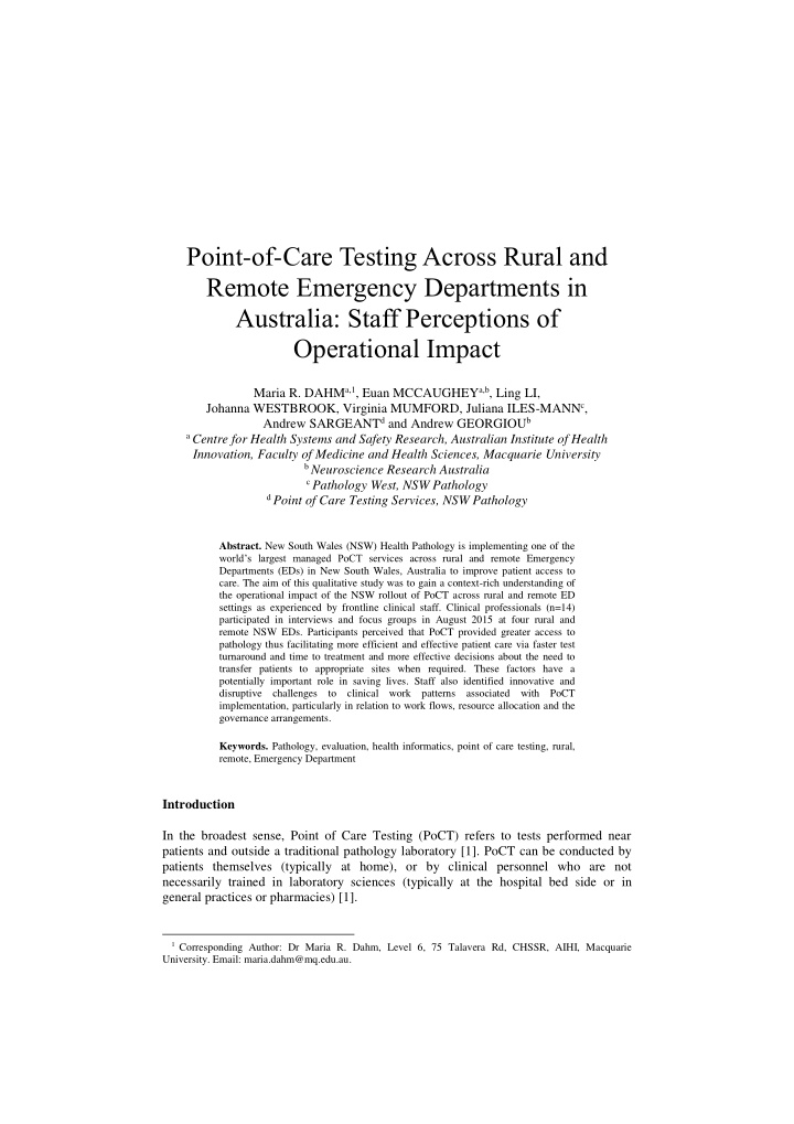 point of care testing across rural and remote emergency