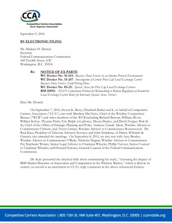 September 9, 2016 BY ELECTRONIC FILING  Ms. Marlene H. Dortch  Secretary  Federal Communications