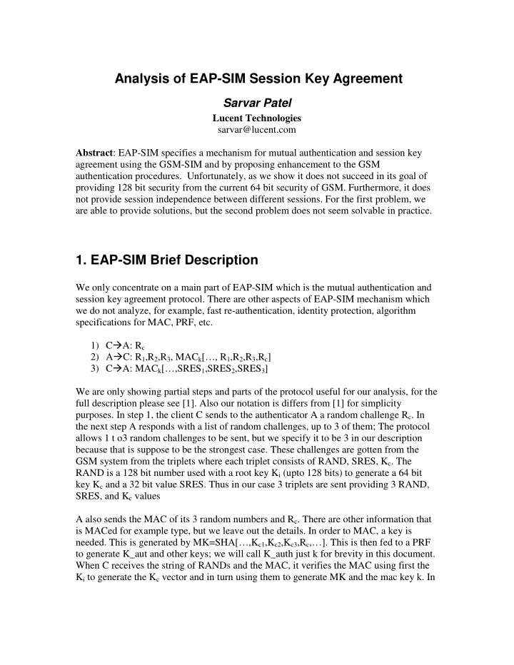 analysis of eap sim session key agreement