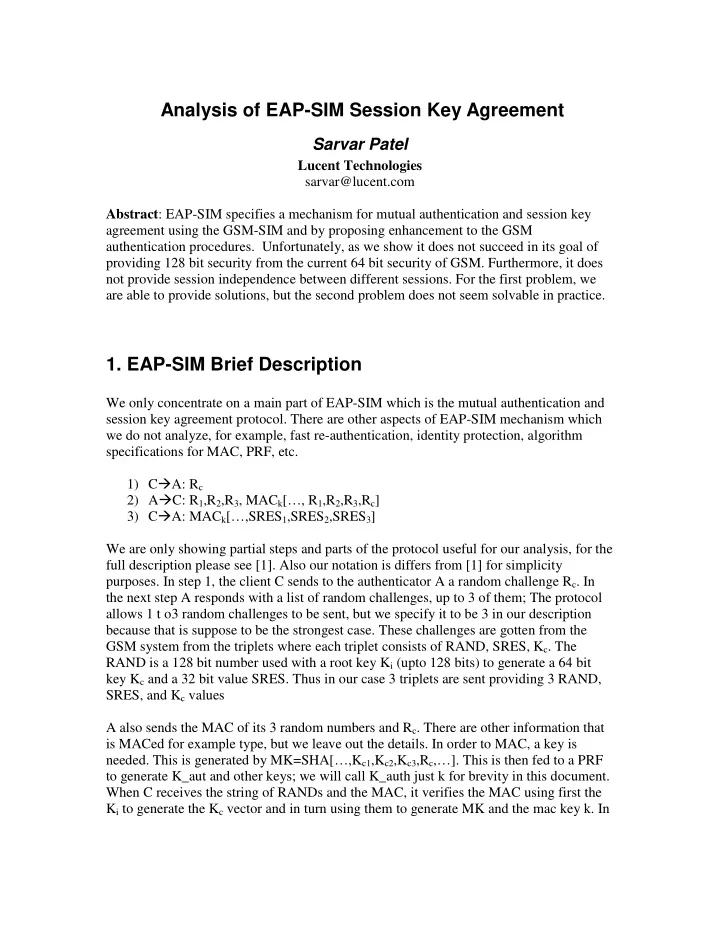 analysis of eap sim session key agreement