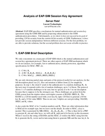 Analysis of EAP-SIM Session Key Agreement  Sarvar Patel  Lucent Technologies  sarvar@lucent.com
