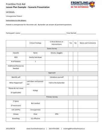 Frontline First Aid Lesson Plan Example  Scenario Presentation  Call Details:  Unresponsive