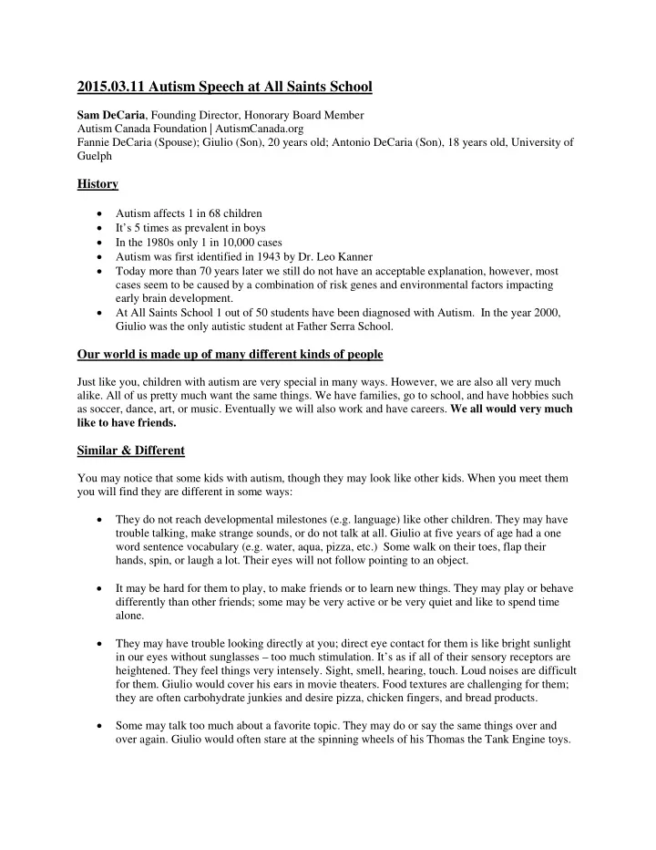 2015 03 11 autism speech at all saints school