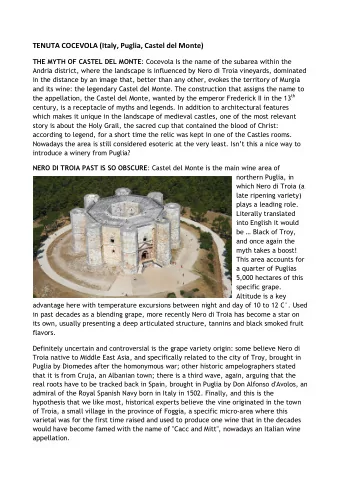 TENUTA COCEVOLA (Italy, Puglia, Castel del Monte) THE MYTH OF CASTEL DEL MONTE : Cocevola Is the
