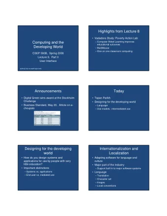 Highlights from Lecture 8   Vadadora Study: Poverty Action Lab  Computing and the   Computer