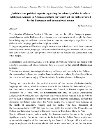 Juridical and political aspects regarding the minority of the Armns /  Makedon-Armns in Albania