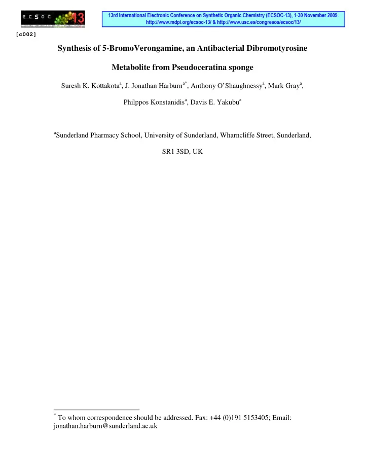 synthesis of 5 bromoverongamine an antibacterial