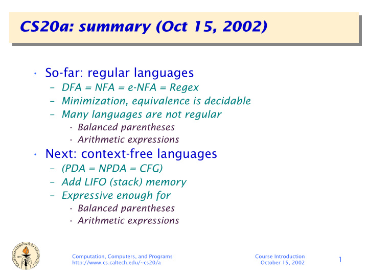 cs20a summary oct 15 2002