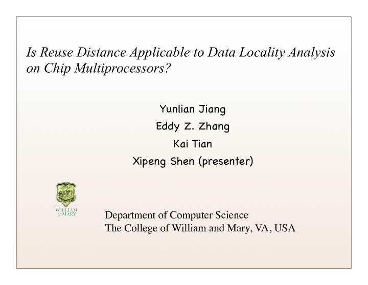 is reuse distance applicable to data locality analysis on