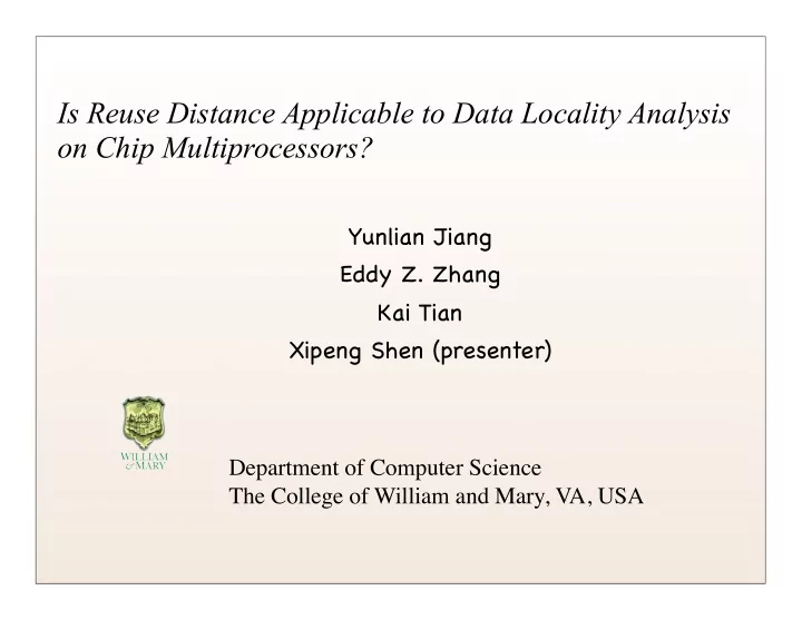 is reuse distance applicable to data locality analysis on