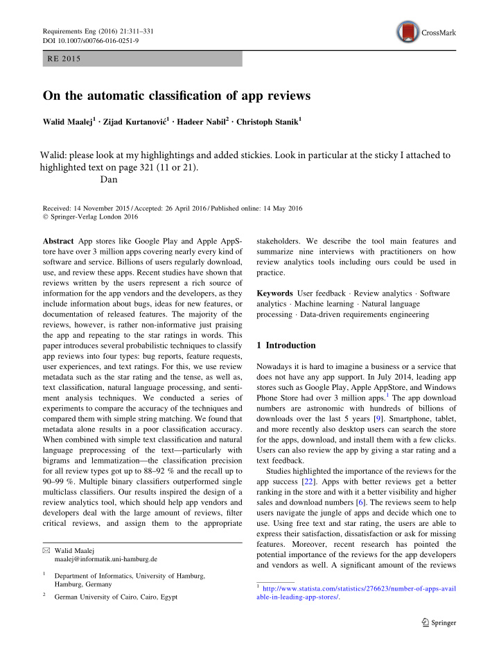 on the automatic classification of app reviews