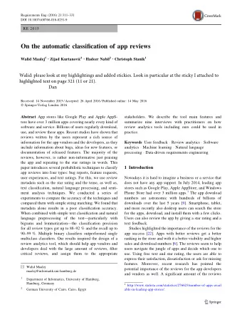 On the automatic classification of app reviews Walid Maalej 1  Zijad Kurtanovic  1  Hadeer
