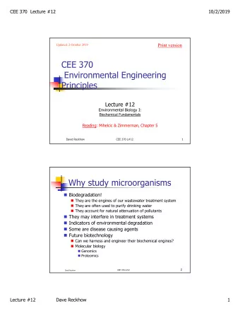 CEE 370  Environmental Engineering  Principles  Lecture #12  Environmental Biology I:  Biochemical