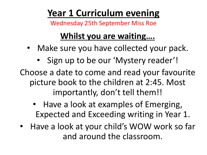 year 1 curriculum evening