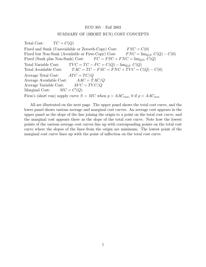 eco 305 fall 2003 summary of short run cost concepts