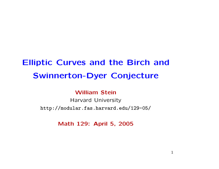 elliptic curves and the birch and swinnerton dyer