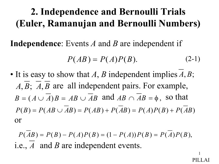 2 independence and bernoulli trials euler ramanujan and