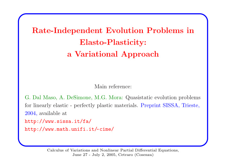 rate independent evolution problems in elasto plasticity