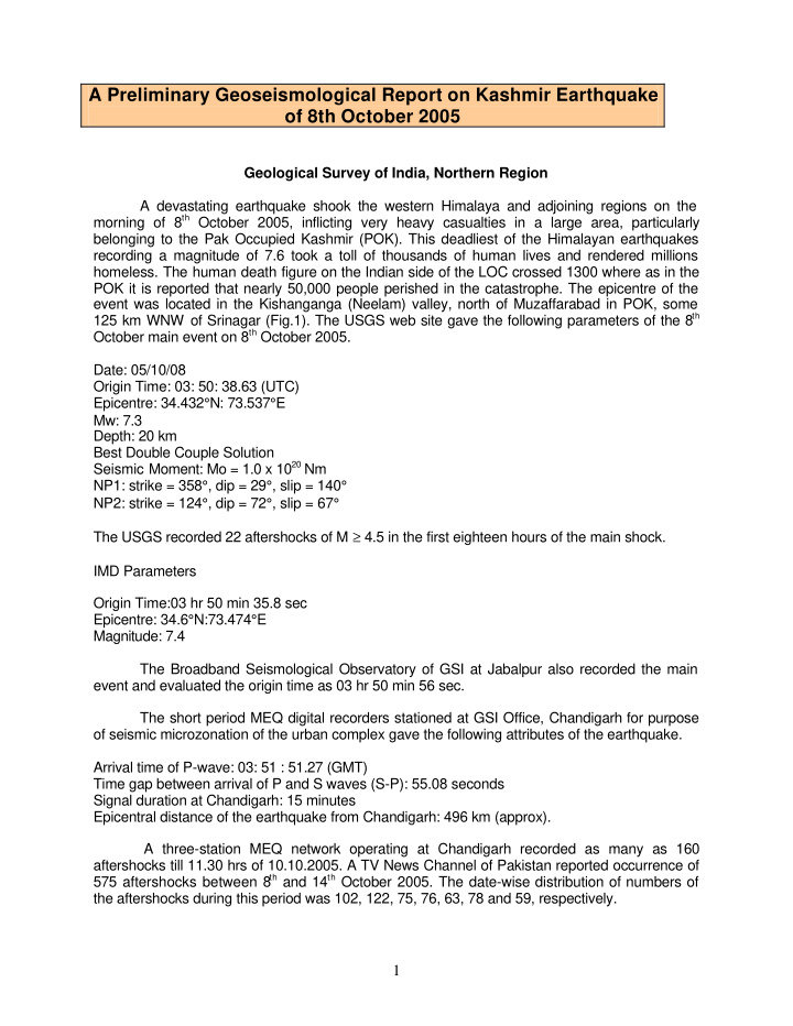 a preliminary geoseismological report on kashmir