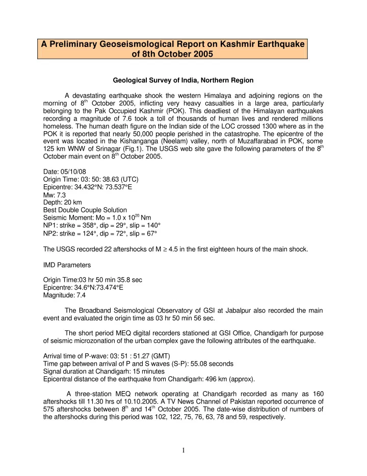a preliminary geoseismological report on kashmir