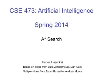 CSE 473: Artificial Intelligence   Spring 2014  A* Search  Hanna Hajishirzi  Based on slides