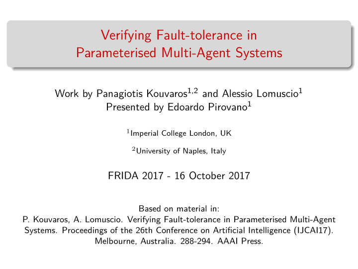 verifying fault tolerance in parameterised multi agent