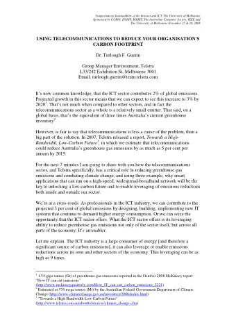 USING TELECOMMUNICATIONS TO REDUCE YOUR ORGANISATION'S  CARBON FOOTPRINT  Dr. Turlough F. Guerin