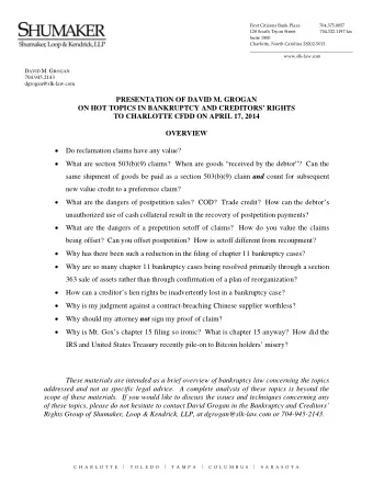 PRESENTATION OF DAVID M. GROGAN  ON HOT TOPICS IN BANKRUPTCY AND CREDITORS RIGHTS  TO CHARLOTTE