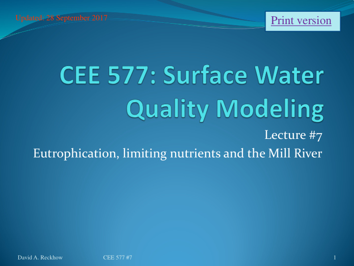 lecture 7 eutrophication limiting nutrients and the mill