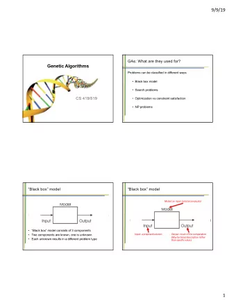 9/9/19  GAs: What are they used for?  Genetic Algorithms  Problems can be classified in different