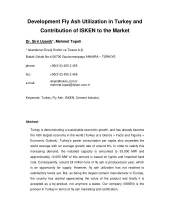 Development Fly Ash Utilization in Turkey and  Contribution of ISKEN to the Market  Dr. Sirri