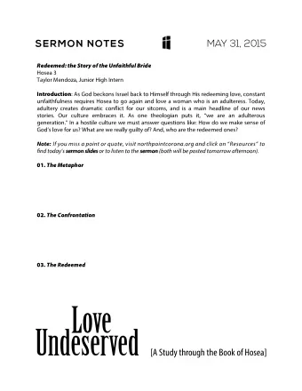 02. The Confrontation 03. The Redeemed QUESTIONS FOR DISCUSSION &amp; DISCOVERY  MAY 31, 2015