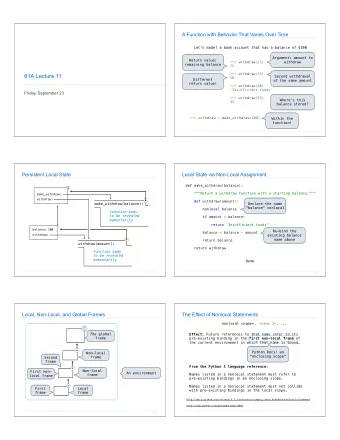 61A Lecture 11  Second withdrawal  50  Different  of the same amount  return value!  &gt;&gt;&gt;