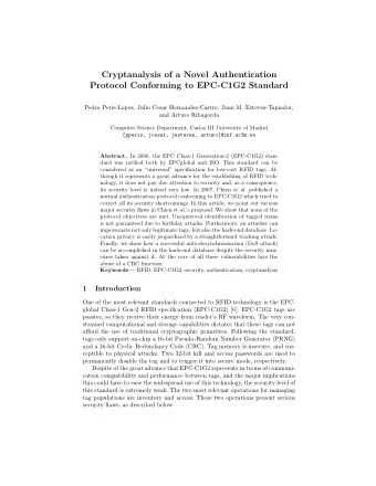 Cryptanalysis of a Novel Authentication  Protocol Conforming to EPC-C1G2 Standard  Pedro
