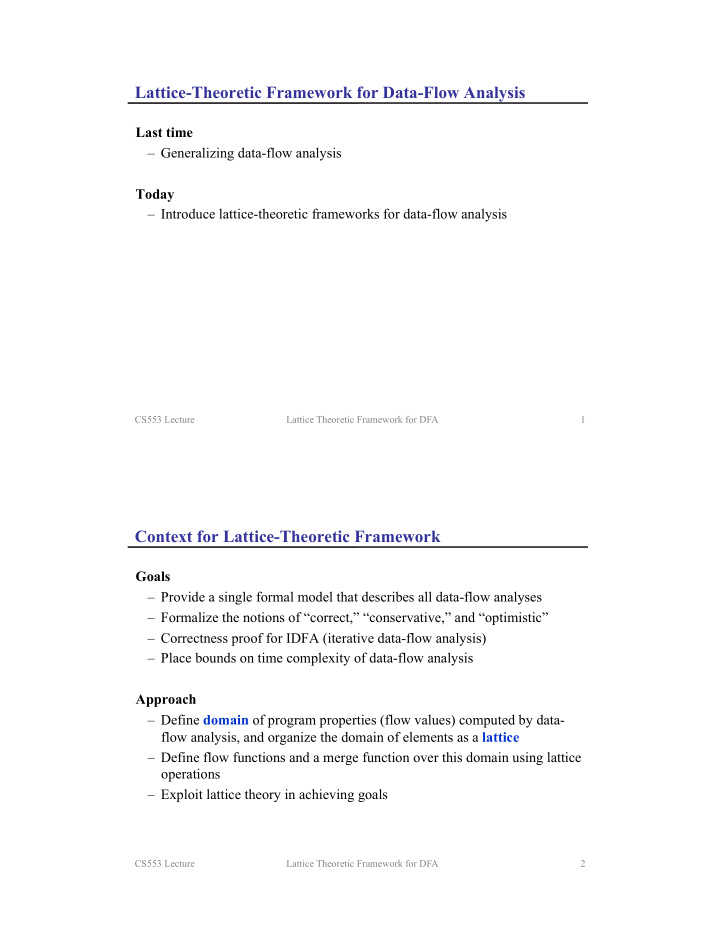 lattice theoretic framework for data flow analysis