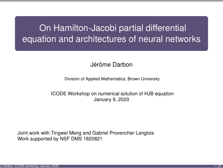 on hamilton jacobi partial differential equation and