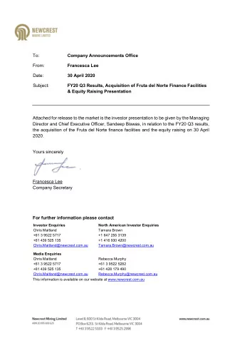 To:  Company Announcements Office  From:  Francesca Lee  Date: 30 April 2020  Subject:  FY20 Q3