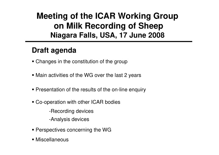 meeting of the icar working group on milk recording of