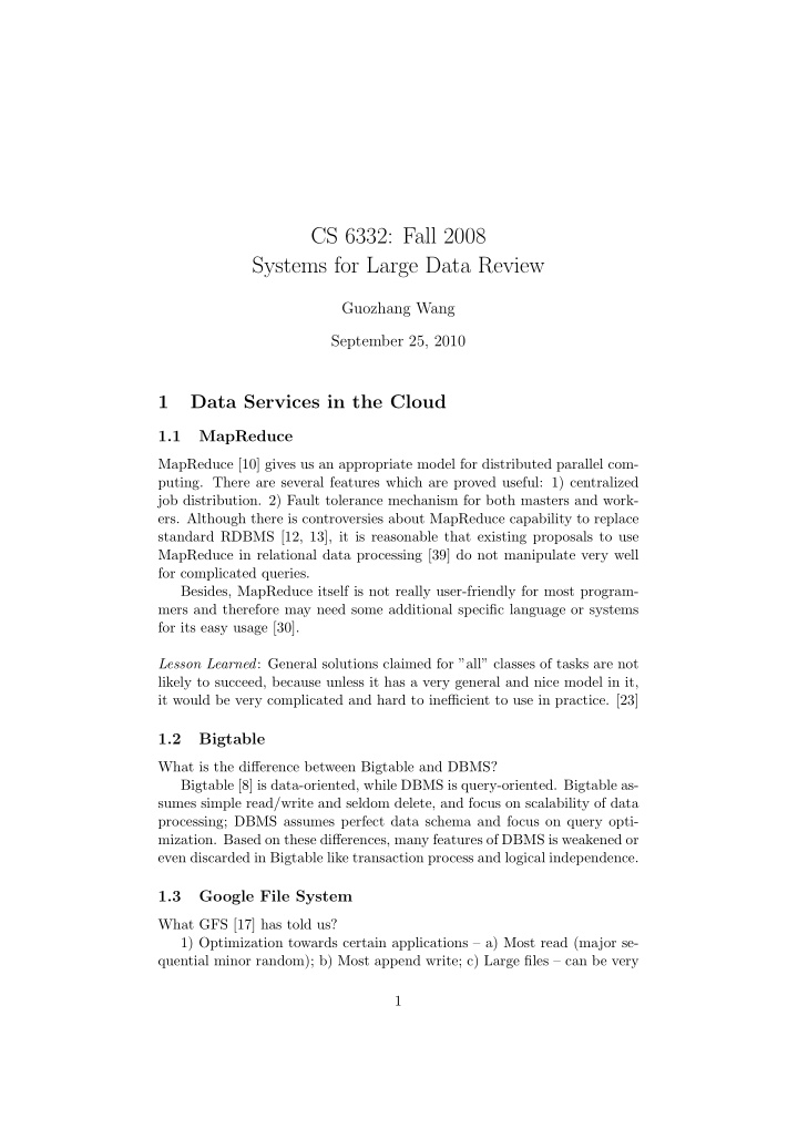 cs 6332 fall 2008 systems for large data review